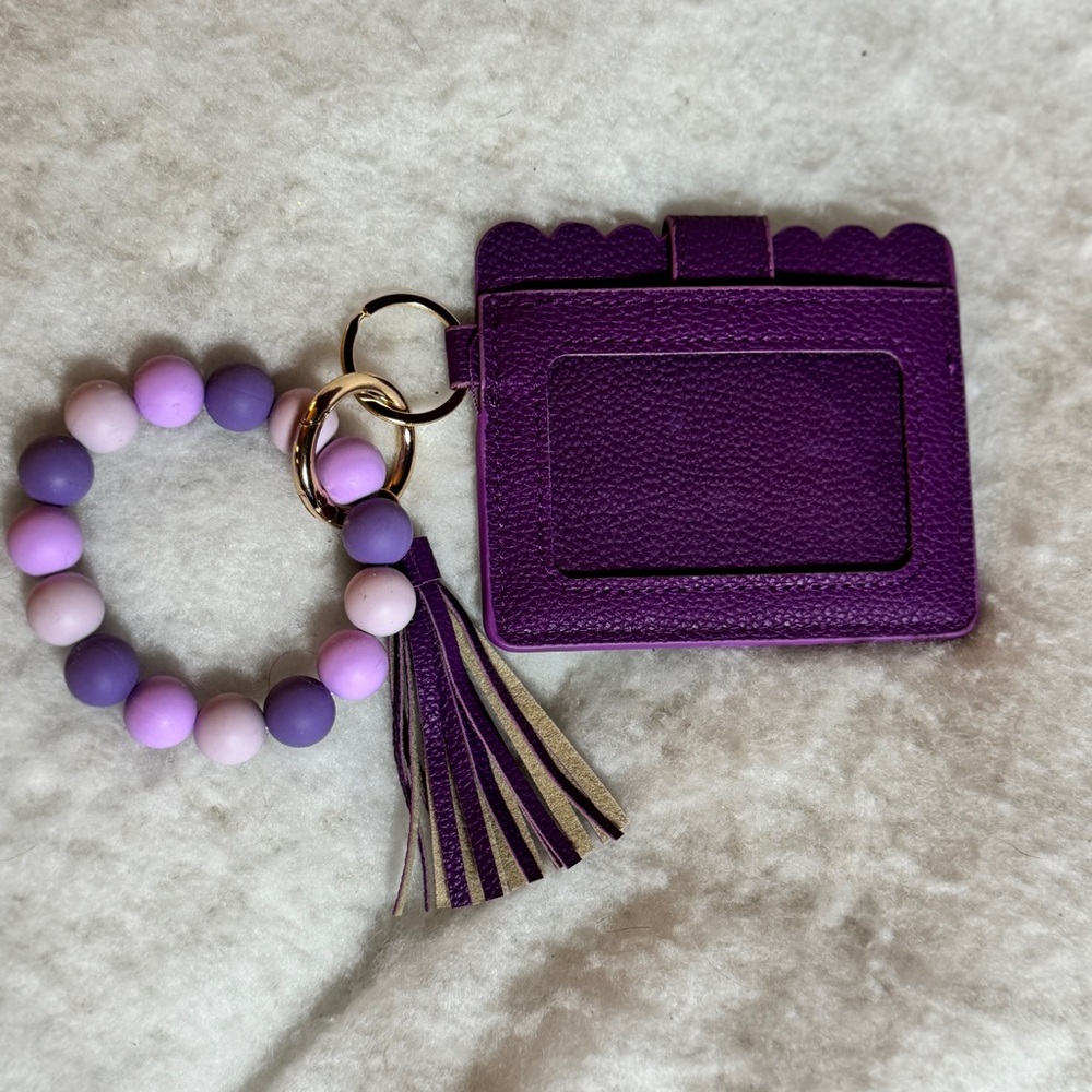 Wristlet Wallet Beaded‎ Bracelet Keychain Card Purse Tassel Bangle Ring Purple